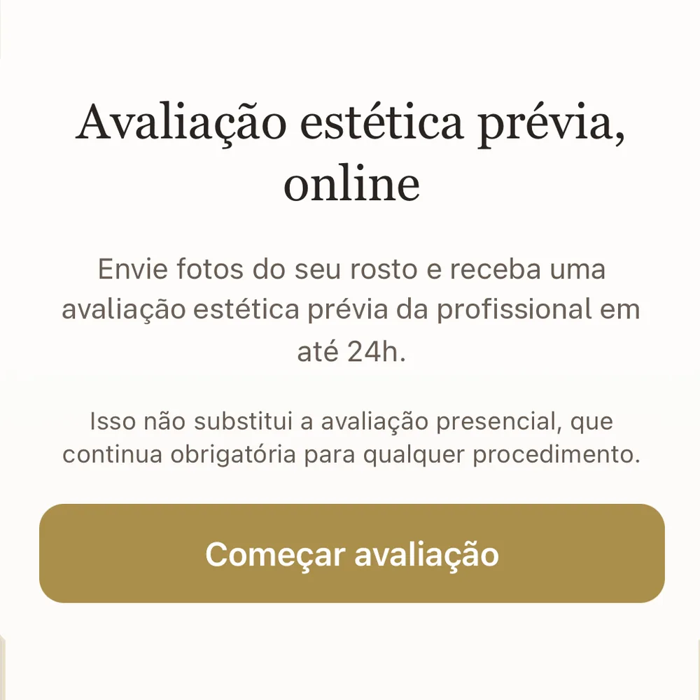 Tela de convite da Avaliação Virtual: título “Avaliação estética prévia, online”, explicação de que a paciente envia fotos e recebe o parecer em até 24 horas, aviso de que não substitui a avaliação presencial, e o botão “Começar avaliação”.