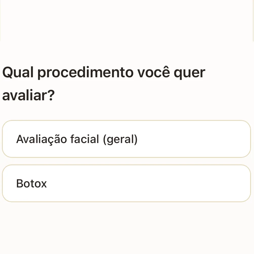 Tela de escolha do procedimento, com a pergunta “Qual procedimento você quer avaliar?” e as opções “Avaliação facial (geral)” e “Botox”.