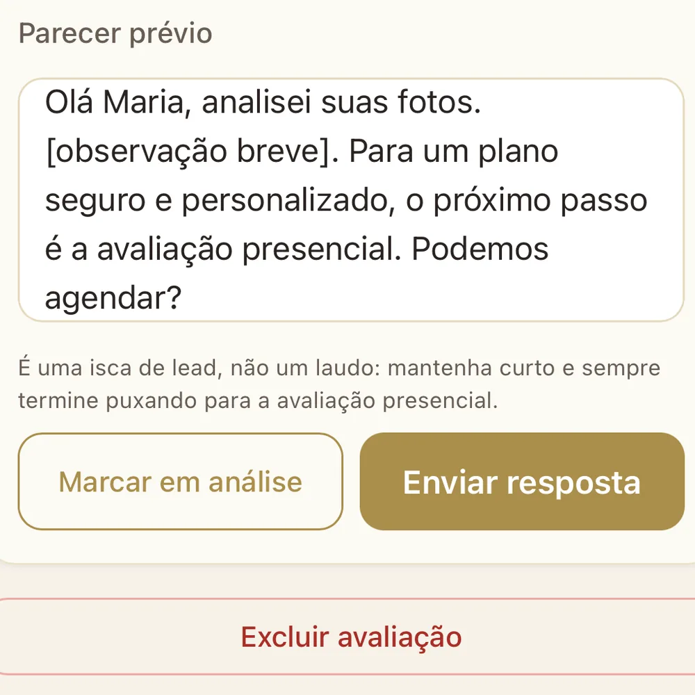 Tela do parecer prévio, com a mensagem que a profissional revisa antes de enviar, terminando com o convite para agendar a avaliação presencial, e o lembrete de que o parecer é isca de lead e não laudo.